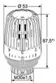 Thermostatkopf mit Diebstahlsicherung, dargestellt in einer technischen Zeichnung. Marke IMI Hydronic Engineering. Maße und Details sind sichtbar.